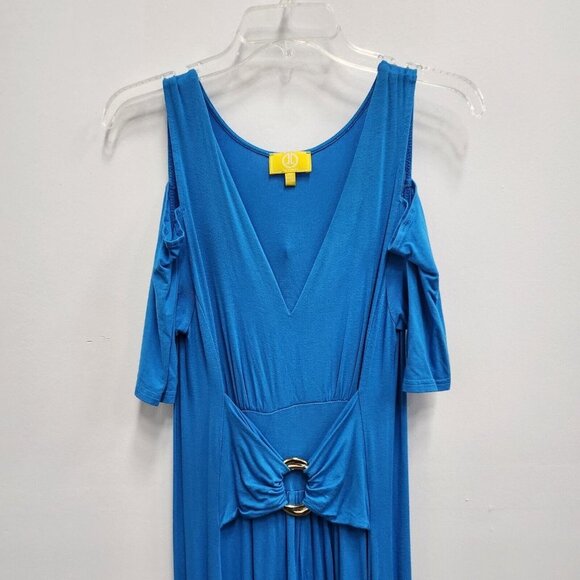 Liz Lange Womens Maternity Maxi Dress PS Blue Silver Buckle Cold Shoulder V-Neck - Picture 2 of 9